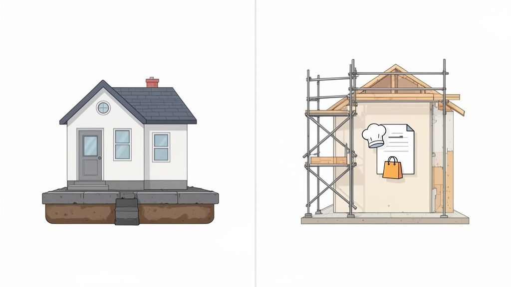 Een afgewerkt huis en een huis in aanbouw met steigers, een koksmuts en een boodschappentas.