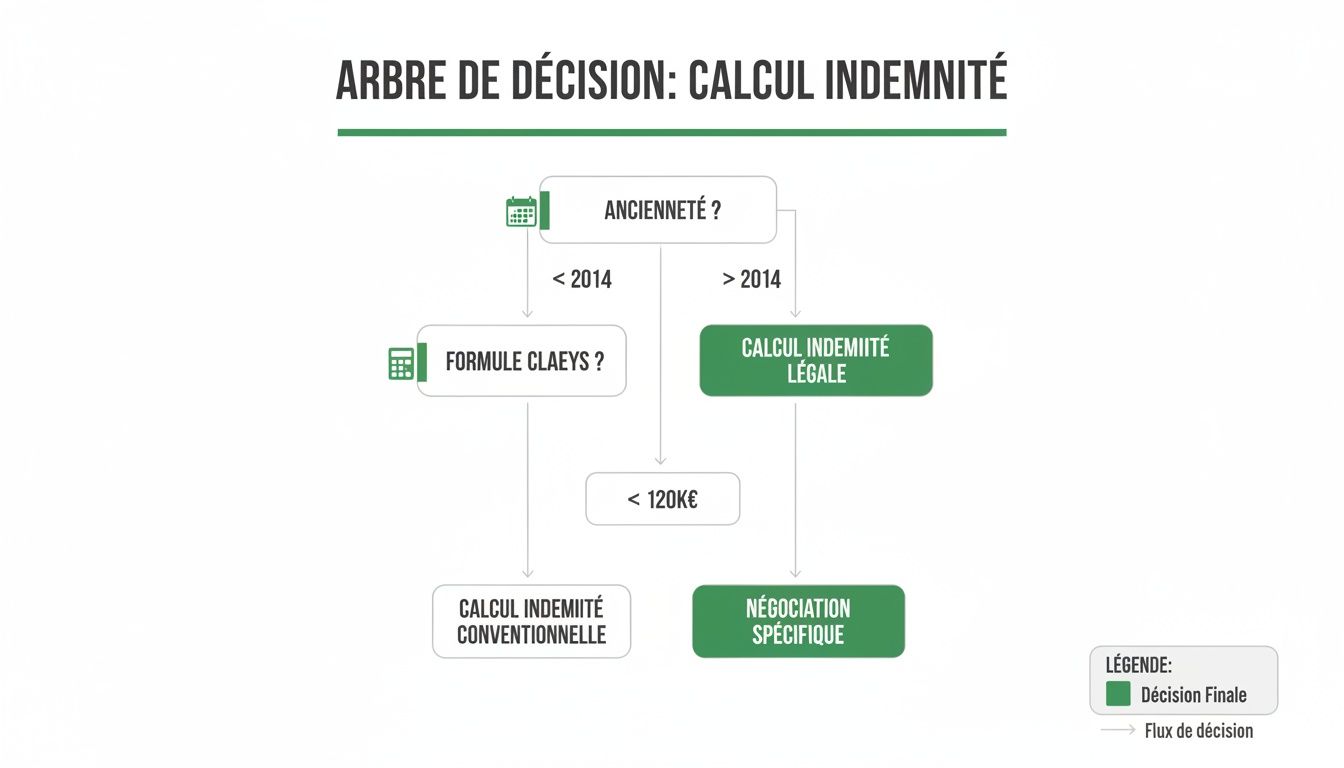 Arbre de décision pour le calcul d'indemnité, basé sur l'ancienneté et la formule de calcul.