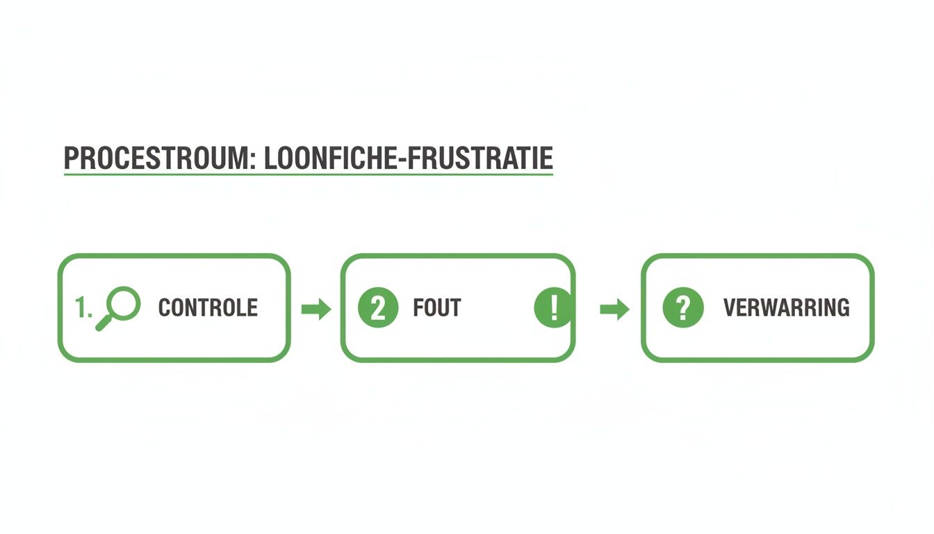 Stroomschema over loonfiche-frustratie met stappen: controle, fout en verwarring.