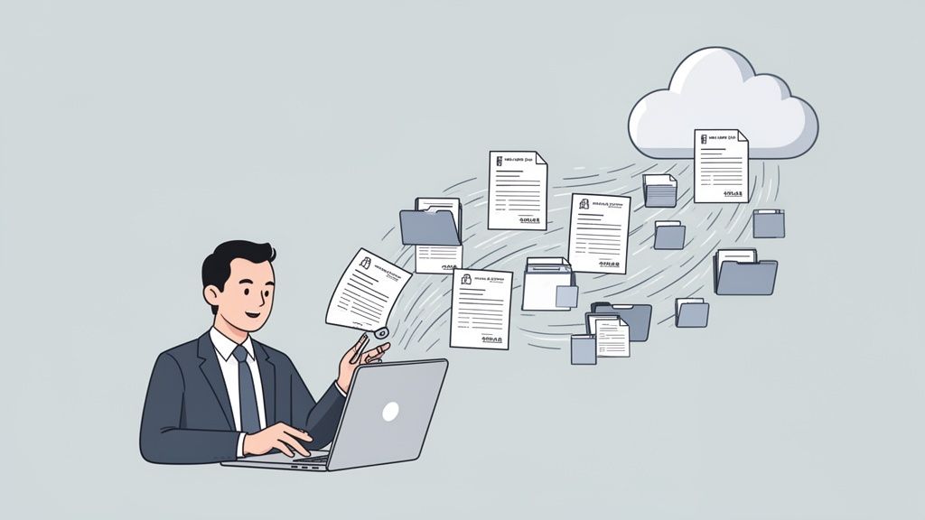 Un homme d'affaires utilise un ordinateur portable, avec des documents numériques et des dossiers qui se déplacent vers un nuage.