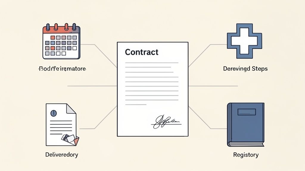Illustration montrant un contrat de travail au centre, lié à un calendrier, des étapes, la livraison et un registre.