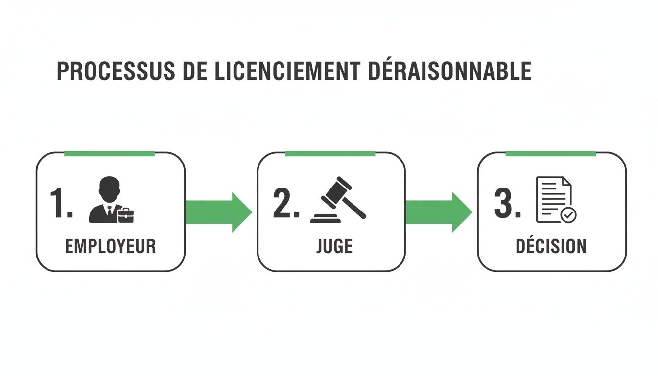Diagramme du processus de licenciement déraisonnable en 3 étapes : l'employeur, le juge, et la décision.