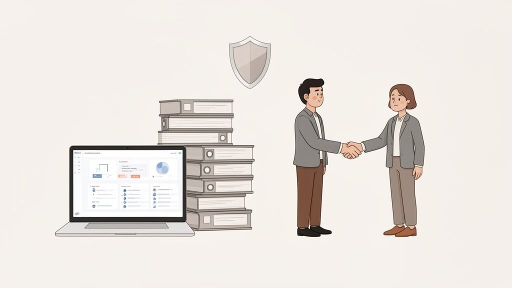 Un ordinateur portable affichant un tableau de bord, des dossiers, un bouclier de sécurité, et deux personnes se serrant la main, symbolisant un accord sécurisé.