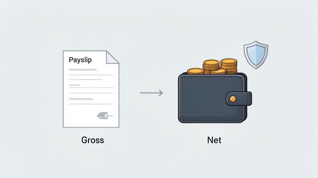 Une illustration du calcul du salaire brut vers le salaire net, incluant les déductions et la protection.