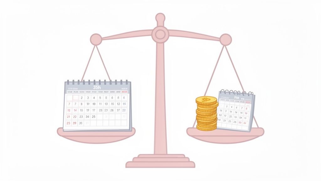 Une balance comparant le temps de travail (calendriers 35h et 56h) et le salaire (pièces d'or).
