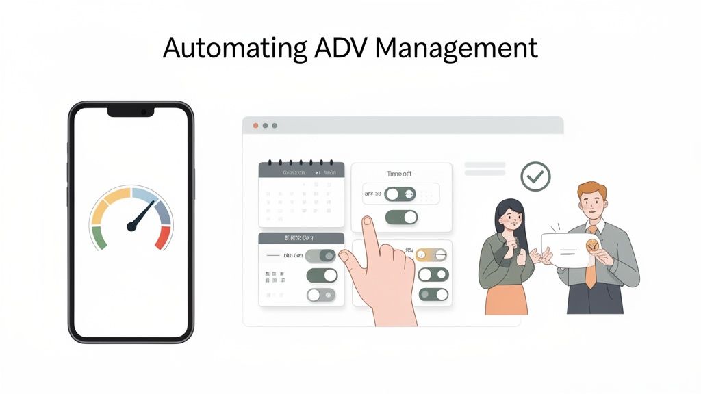 Illustration de la gestion automatisée ADV, montrant un smartphone avec jauge, une interface de planification et des personnes interagissant.