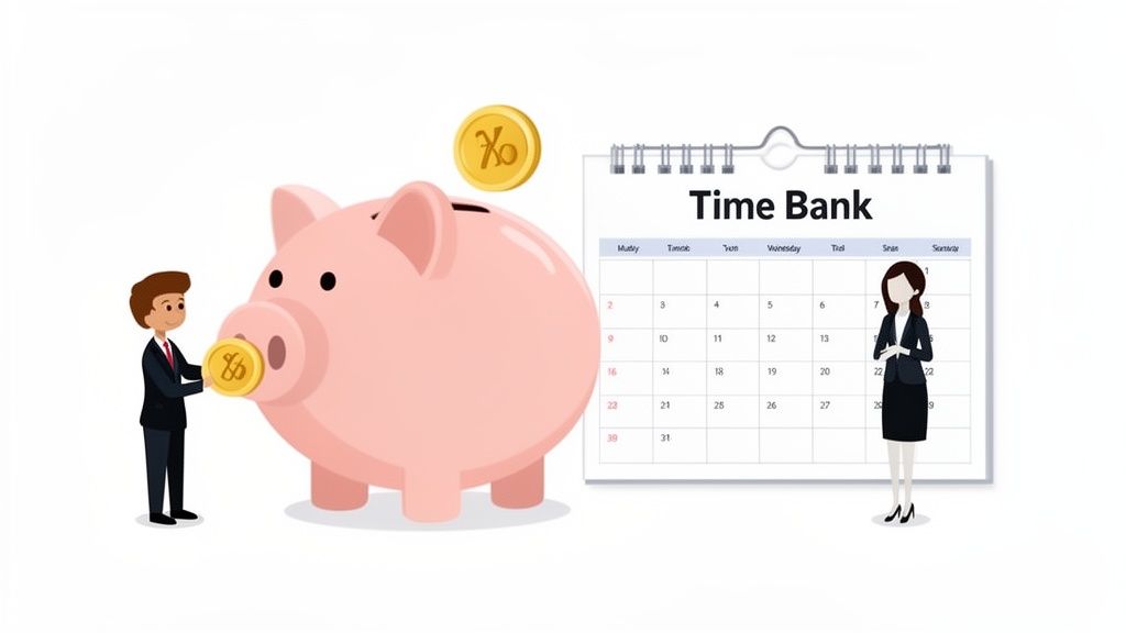 Un homme dépose une pièce dans une tirelire rose près d'un calendrier "Banque de Temps" et une femme d'affaires.