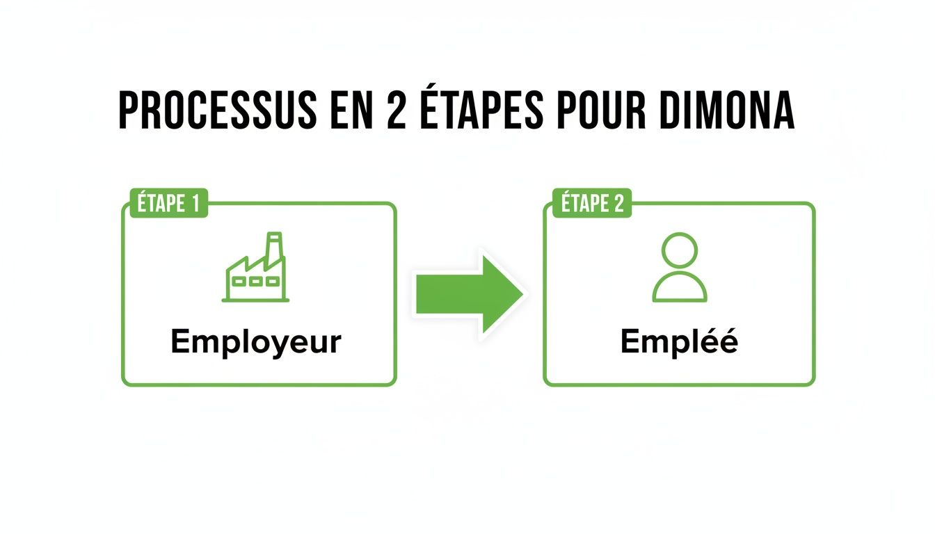 Diagramme simple illustrant le processus Dimona en deux étapes : de l'employeur à l'employé.