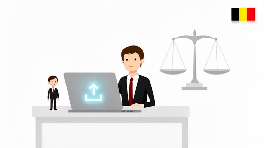Homme travaillant sur un ordinateur portable avec icône de téléchargement, des balances de justice et un drapeau belge.