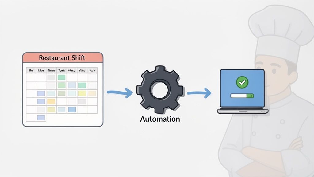 Calendrier de quarts de restaurant automatisé aboutissant à une tâche réussie sur un ordinateur portable, supervisé par un chef.