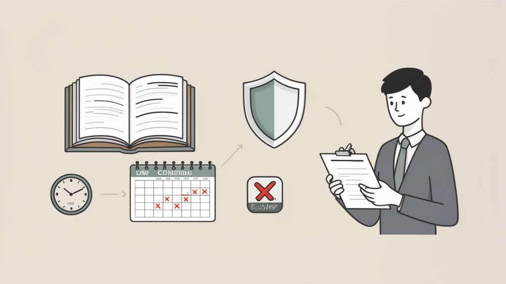 Scène illustrée d'un professionnel du droit avec des outils de gestion du temps et de la conformité légale.