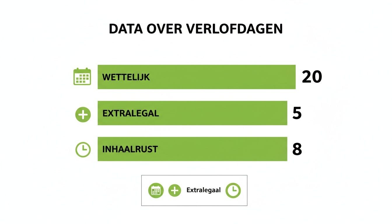 Overzicht van verlofdagen: 20 wettelijke, 5 extralegale en 8 inhaalrustdagen weergegeven in een balkendiagram.