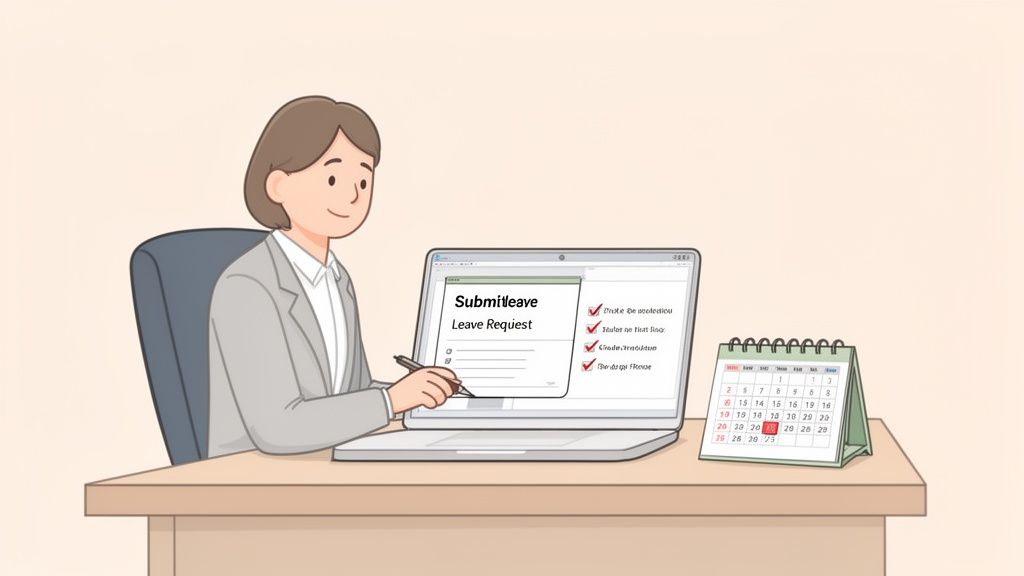 Een vrouw zit aan een bureau en dient een verlofaanvraag in op haar laptop, met een kalender ernaast.