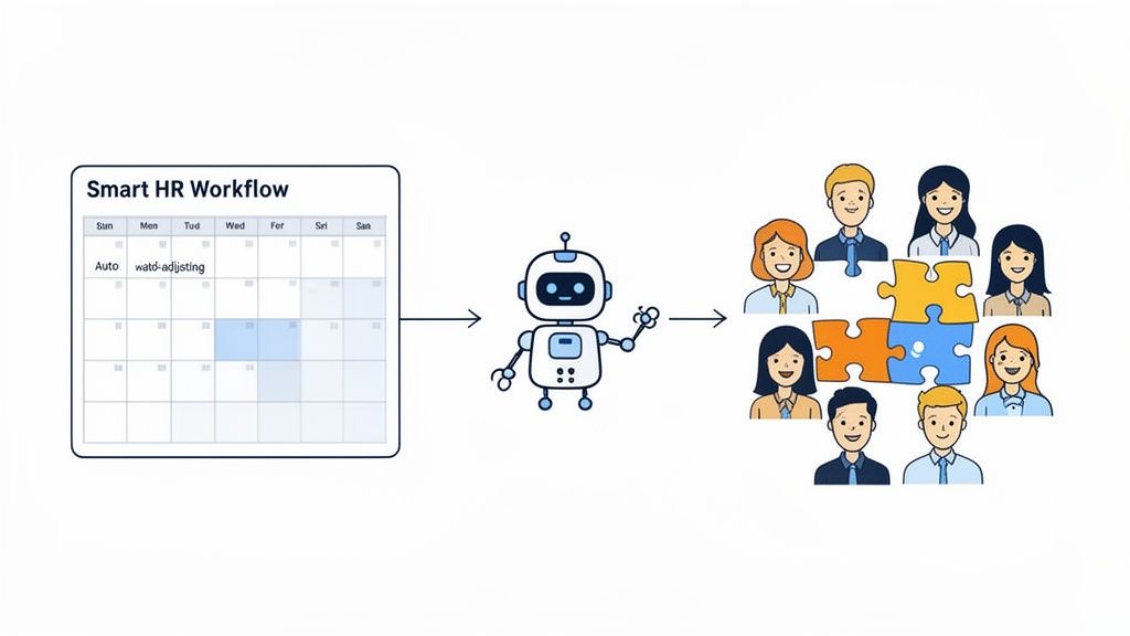 Illustration d'un robot RH intelligent gérant un calendrier de workflow et assemblant une équipe diversifiée avec des pièces de puzzle.