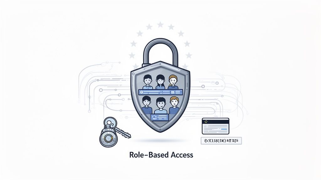 Een schildvormig slot met groepen mensen binnenin, sleutels en documenten, dat rolgebaseerde toegang voorstelt.