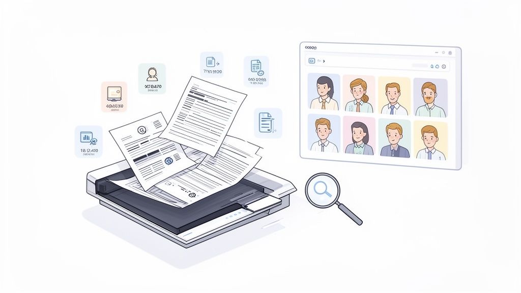 Illustratie van documenten die worden gescand en gedigitaliseerd, met iconen van gegevens en een webinterface met personeelsprofielen.