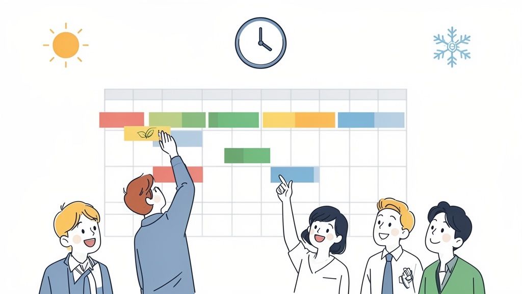 Cinq personnes discutent d'un calendrier de planification avec des tâches colorées, une horloge, un soleil et un flocon de neige.