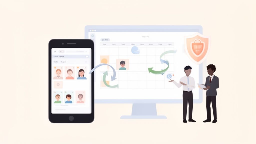 Interface mobile et ordinateur affichant la gestion des employés et la planification, avec synchronisation et sécurité.