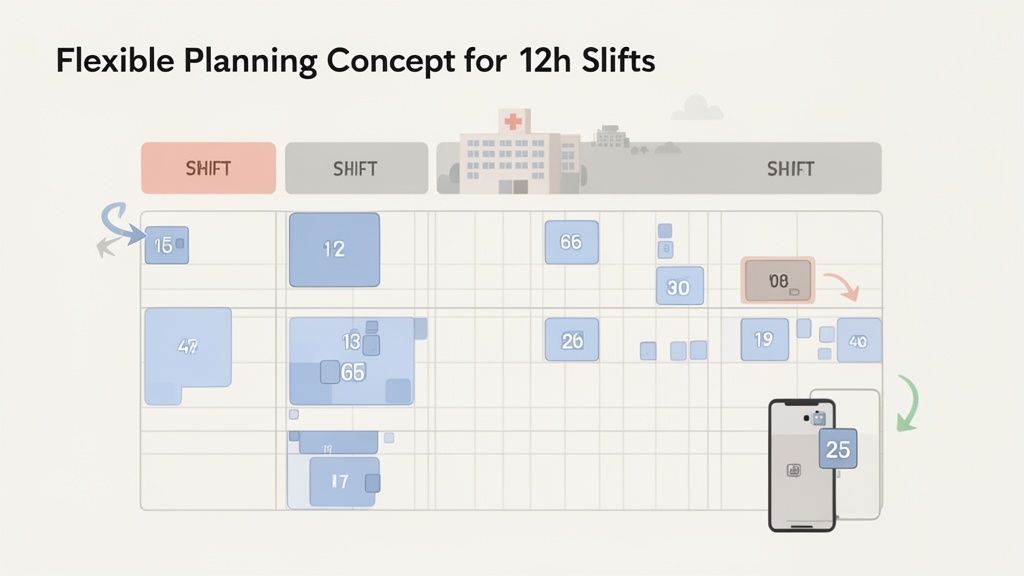 Un concept de planification flexible pour les équipes hospitalières de 12h, avec des blocs horaires et une interface mobile.