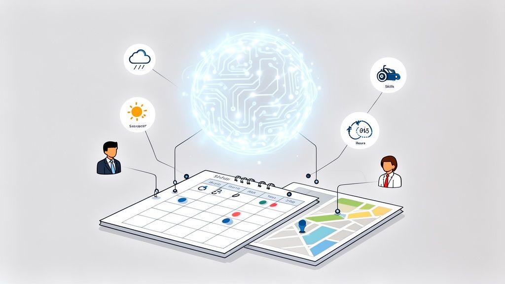 Digitale planning van personeel met inachtneming van weer, vaardigheden en locatie op kalender en kaart.