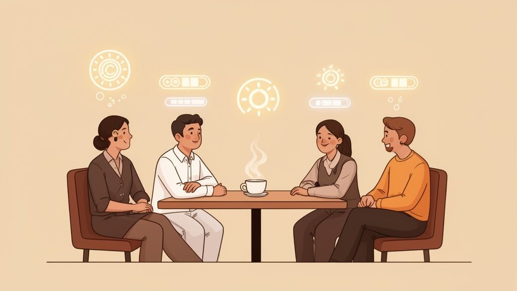 Quatre collègues en pause-café, échangeant des idées symbolisées par des icônes lumineuses.