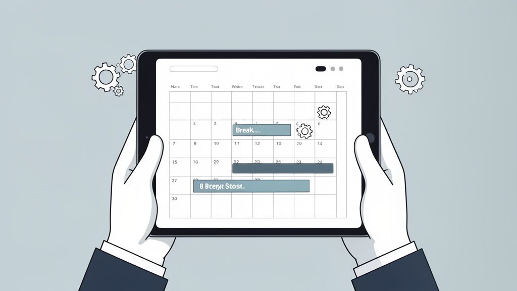 Une personne tenant une tablette affichant un calendrier numérique avec des événements et des engrenages en arrière-plan.