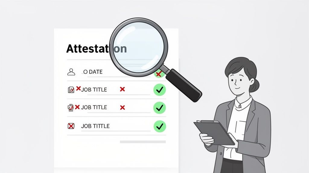 Une femme examine une attestation de travail avec une loupe, vérifiant les informations d'emploi et de date.