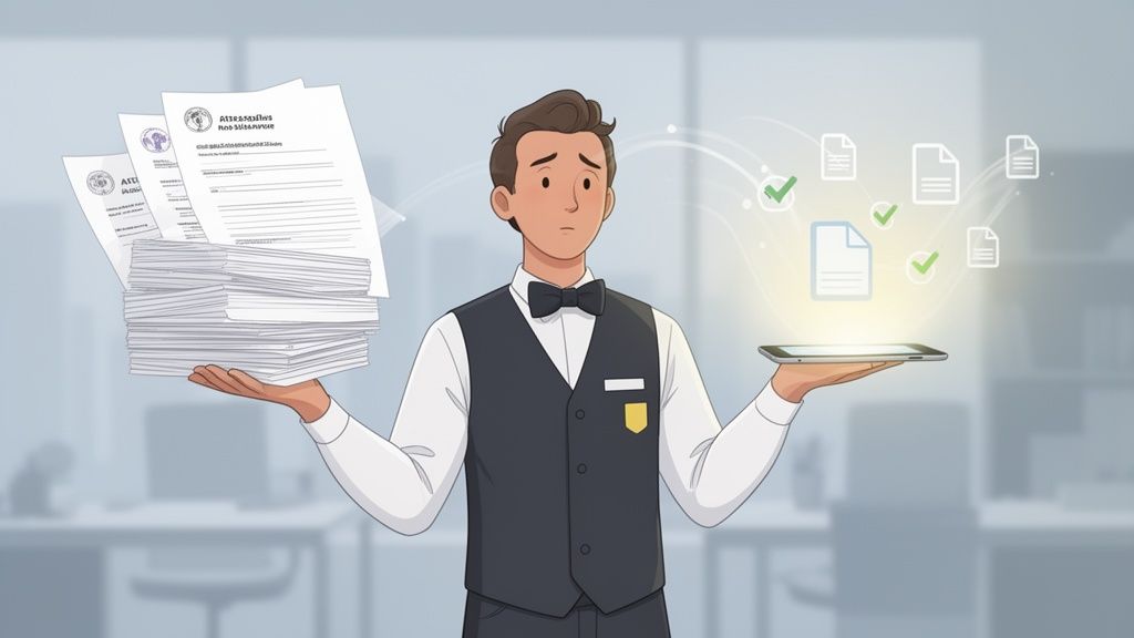 Un homme tient une pile de documents papier volumineuse et une tablette affichant des documents numériques traités.