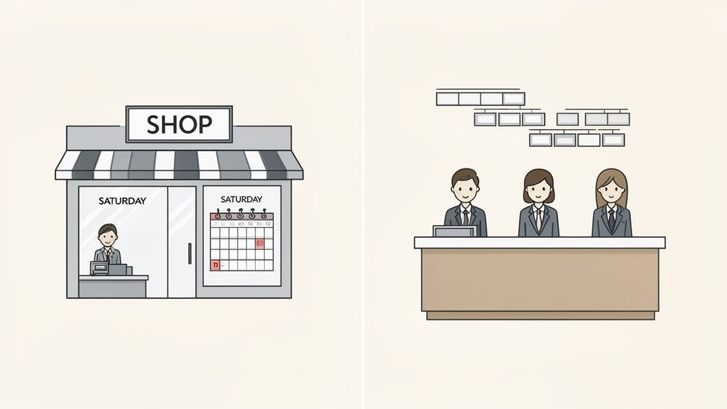 Deux scènes illustrant la différence entre jours ouvrés et jours ouvrables : un magasin ouvert le samedi et des employés de bureau.