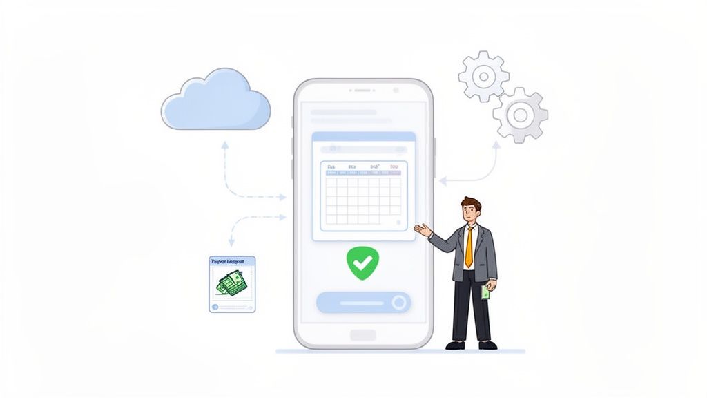Illustratie van een man bij een smartphone die een kalender en proces voor vakantiedagenberekening toont.