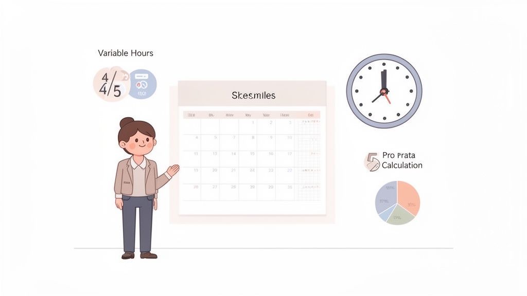 Illustratie van een vrouw met een kalender, klok, en berekeningen voor variabele uren en pro rata.