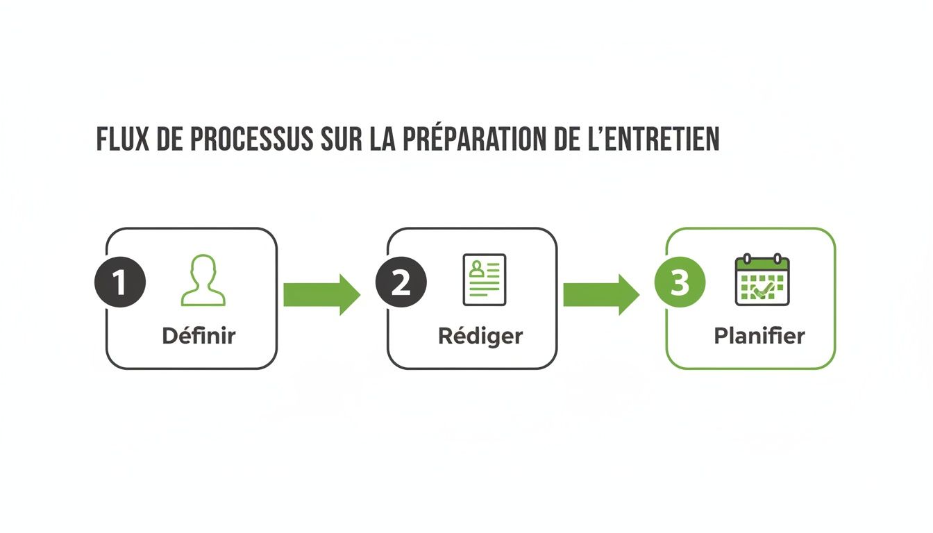 Diagramme de flux illustrant les trois étapes clés de la préparation d'un entretien: définir, rédiger, planifier.