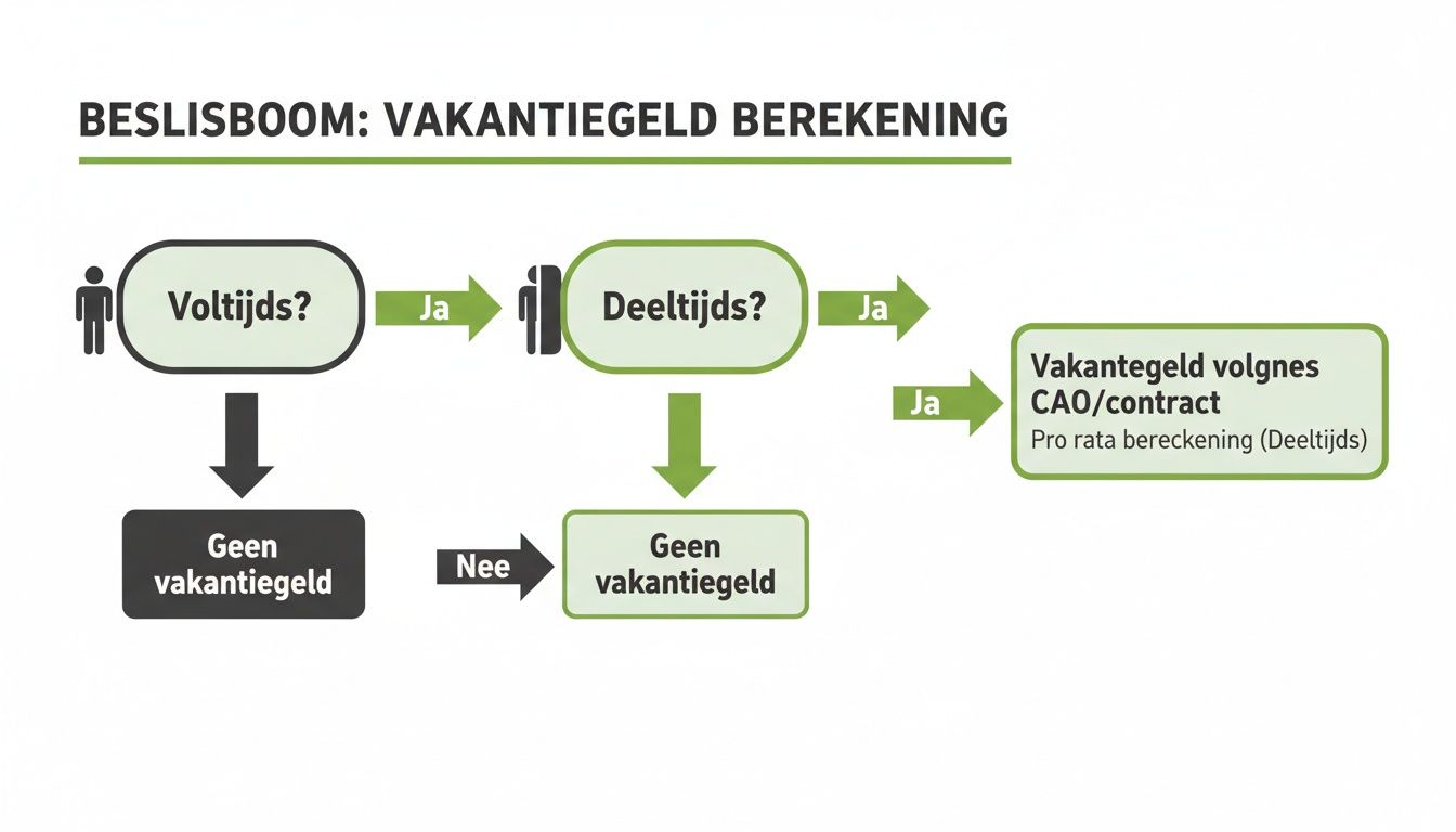 Beslisboom voor vakantiegeld berekening, met vragen over voltijds en deeltijds dienstverband.