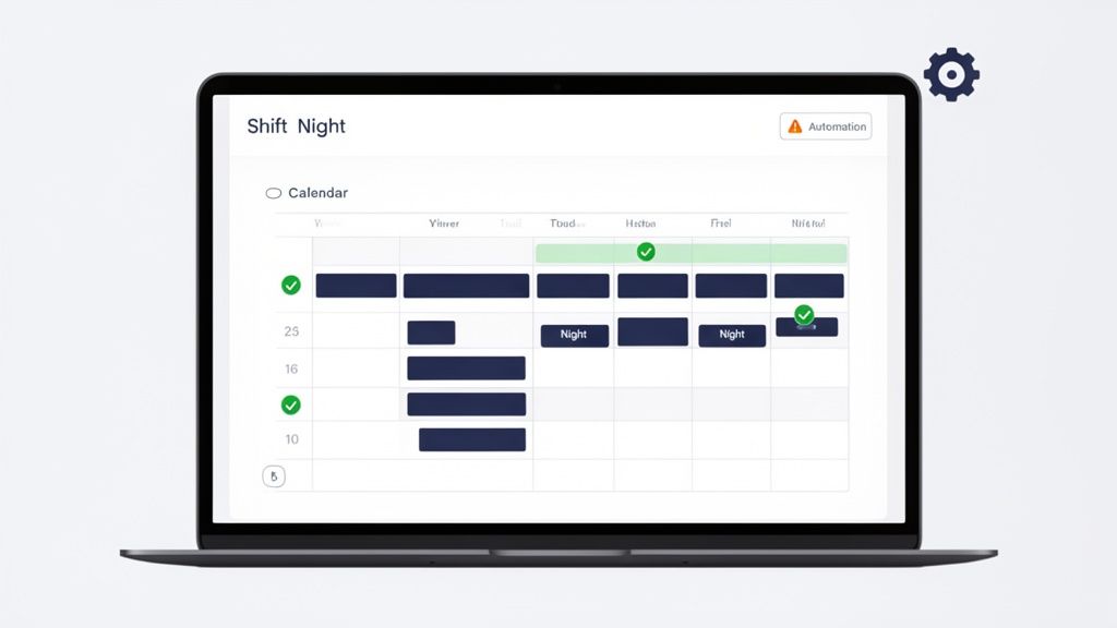 Écran d'ordinateur portable affichant un calendrier de planification des équipes de nuit avec des options d'automatisation.