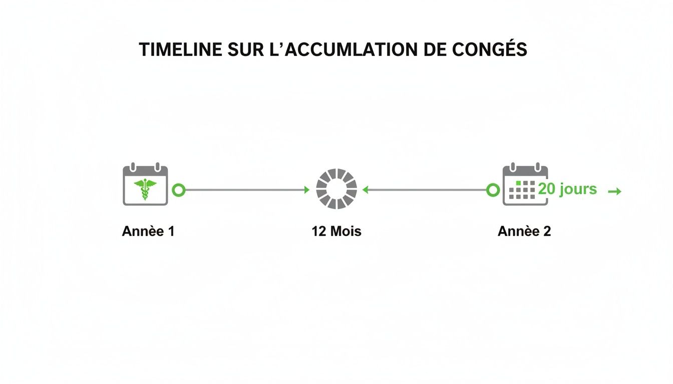 Infographie chronologique illustrant l'accumulation de congés sur une période de 12 mois, passant de l'année 1 à l'année 2 avec 20 jours de congés.
