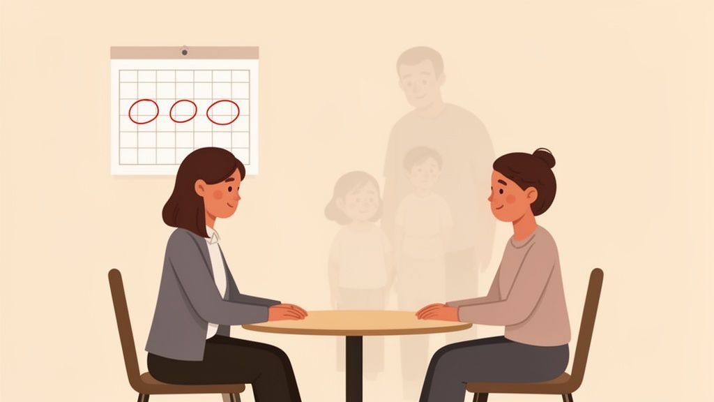 Deux femmes discutent à une table, un calendrier marqué et une famille fantomatique en fond.