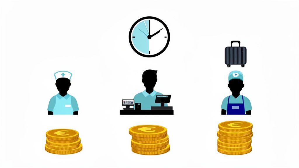 Illustratie van tijd, beroepen (verpleegkundige, caissière, hotelmedewerker) en stapels euromunten die inkomsten symboliseren.