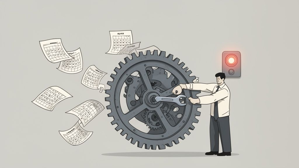 Un homme d'affaires ajuste un grand engrenage avec une clé, tandis que des calendriers s'envolent, symbolisant la gestion du temps.