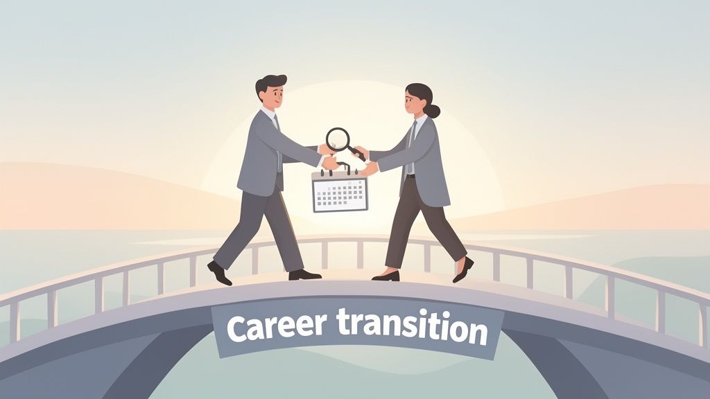 Deux professionnels sur un pont symbolisant la transition de carrière, échangeant un calendrier et une loupe.
