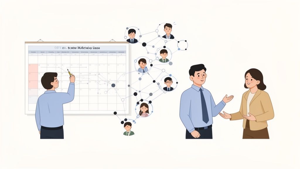 Un homme pointe un calendrier tandis que deux collègues discutent, avec un réseau de personnes illustré.