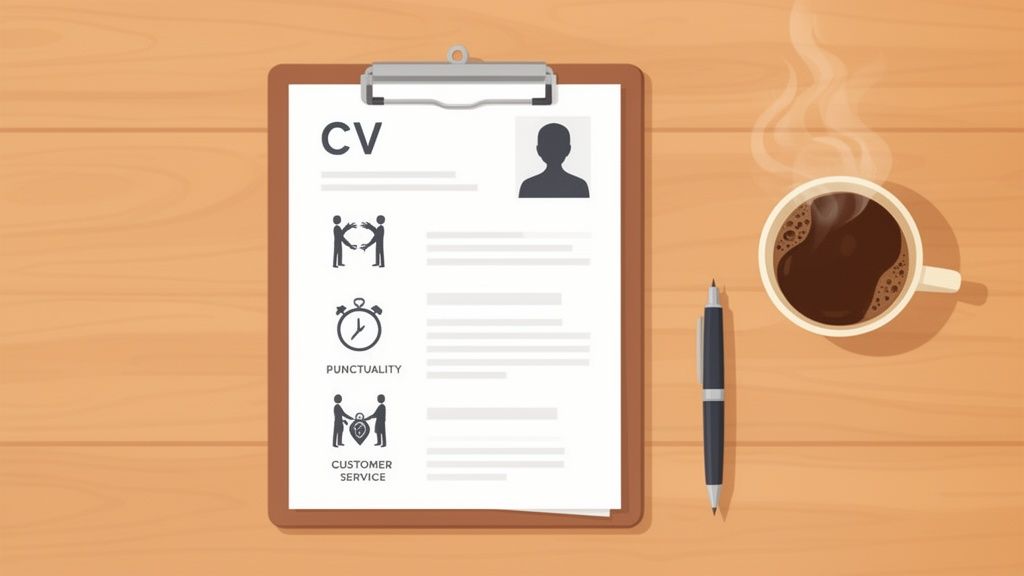 Een platte weergave van een houten bureau met een CV op een klembord, een kop koffie en een pen.