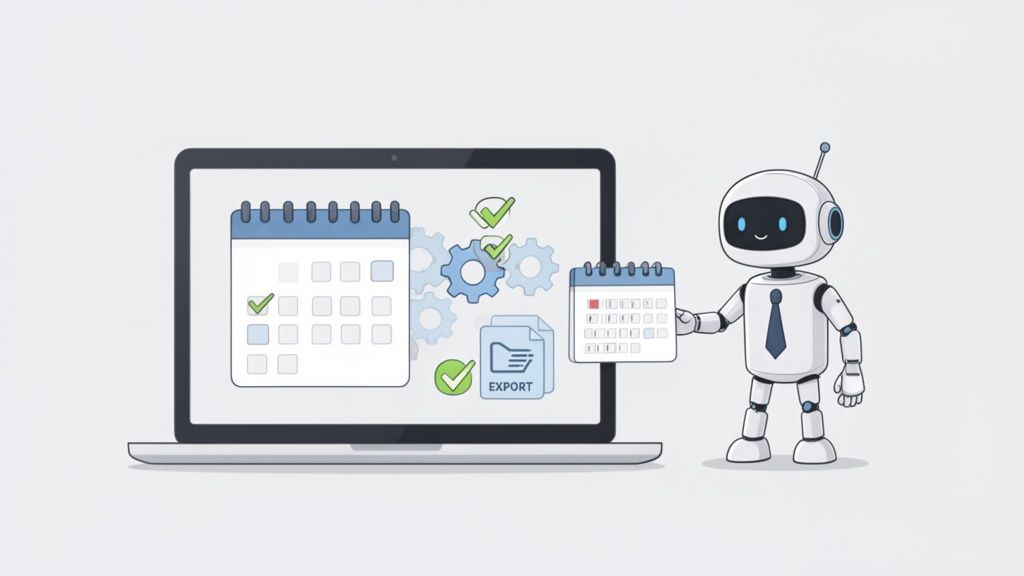 Robot et ordinateur gérant des calendriers, des processus et l'exportation de données, symbolisant l'automatisation.