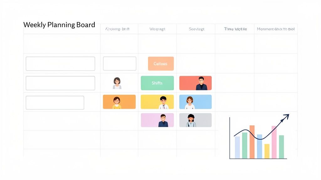Tableau de planification hebdomadaire avec des tâches, des équipes et des avatars d'employés, incluant un graphique de progression.