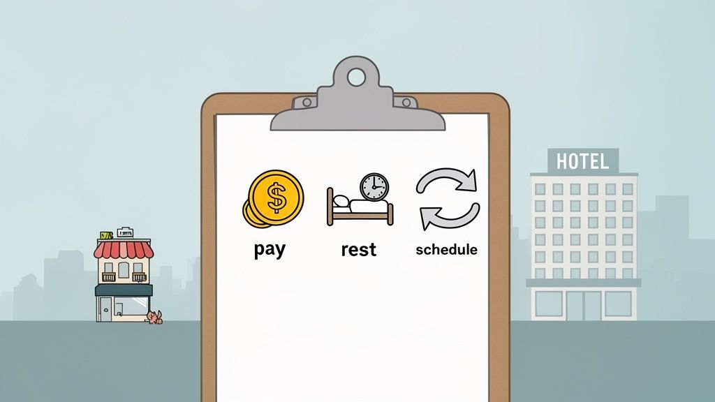 Une liste de tâches avec des icônes pour le paiement, le repos et la planification, entre un magasin et un hôtel.