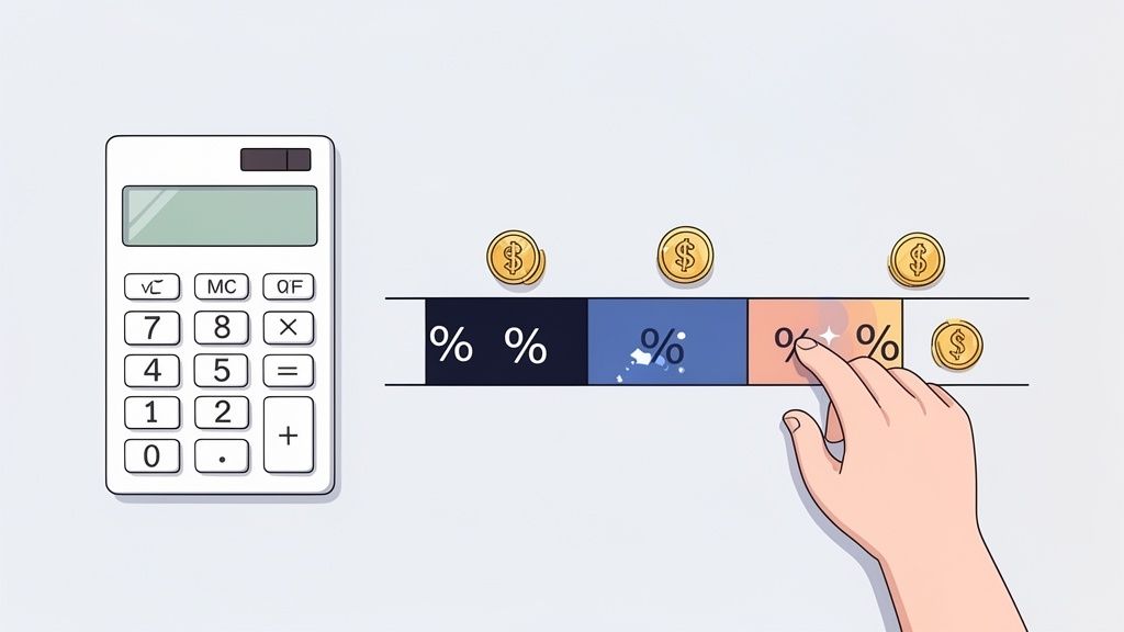 Une calculatrice, une barre de progression avec des pourcentages et des pièces, une main touche un segment.