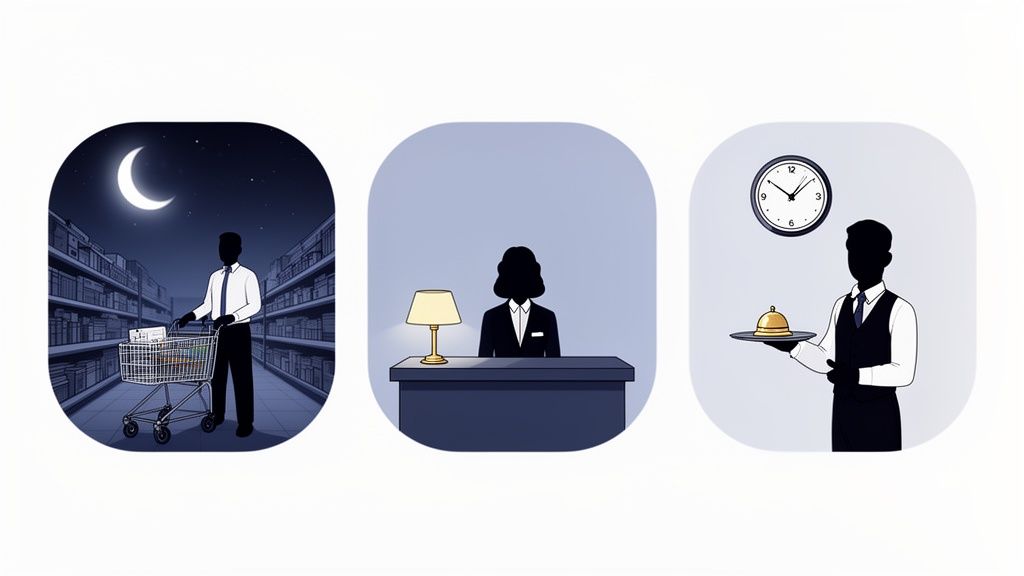 Trois illustrations de personnes travaillant la nuit : un employé de supermarché, une réceptionniste et un serveur.