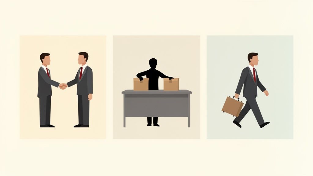 Trois scènes illustrant des processus d'emploi : poignée de main, travail de bureau, départ avec une mallette.