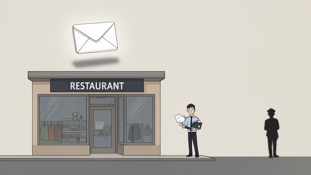 Een man staat voor een restaurant met documenten, terwijl een envelop erboven zweeft. Een silhouet van een inspecteur is zichtbaar.