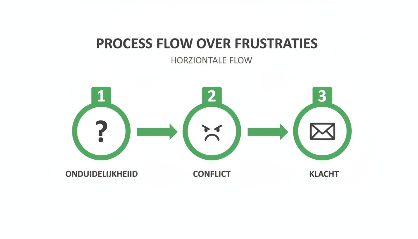 Een horizontale procesflow die de fasen van frustratie toont: onduidelijkheid, conflict en klacht.