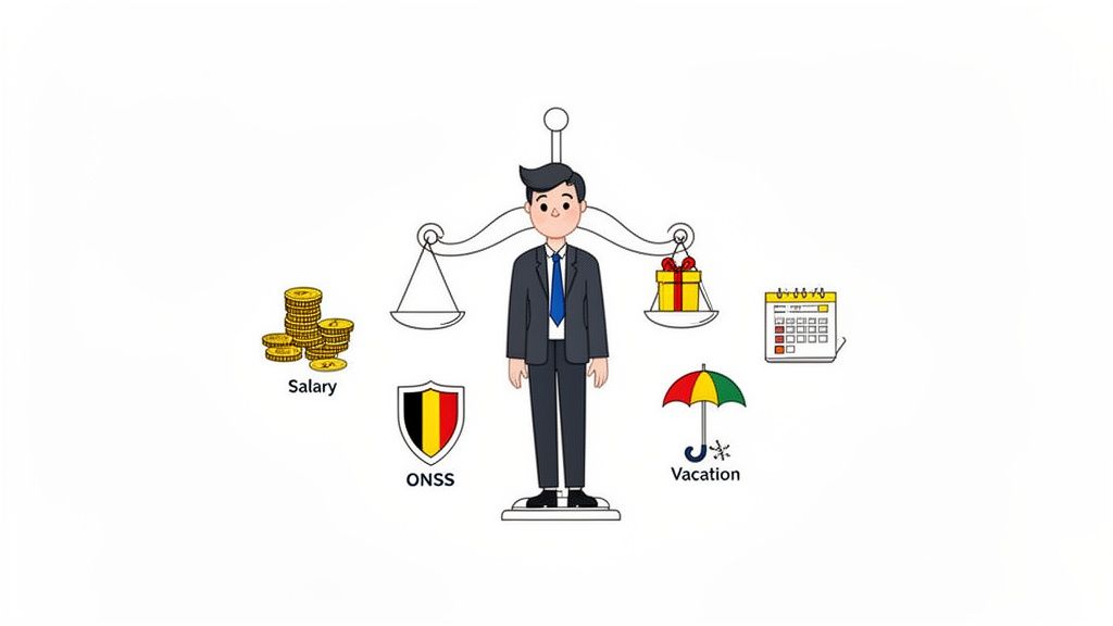 Homme équilibrant salaire, ONSS, avantages et vacances sur une balance, illustrant les coûts employeur.